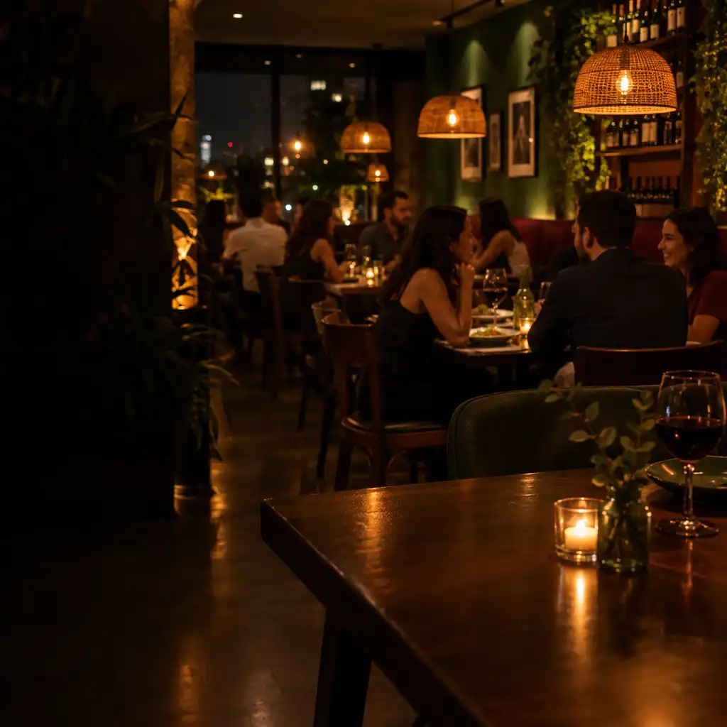 Restaurante iluminado à noite, com adultos conversando em mesas de madeira