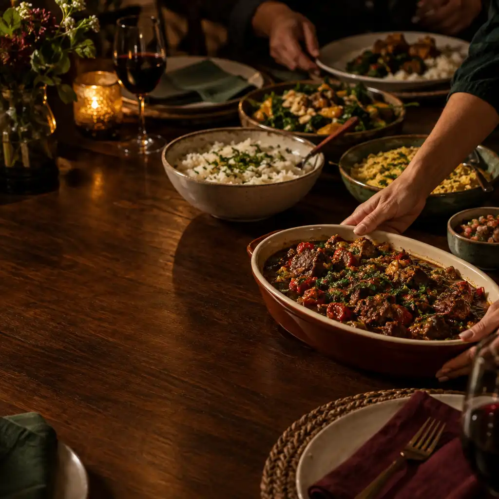 Pratos compartilháveis servidos sobre uma mesa de madeira