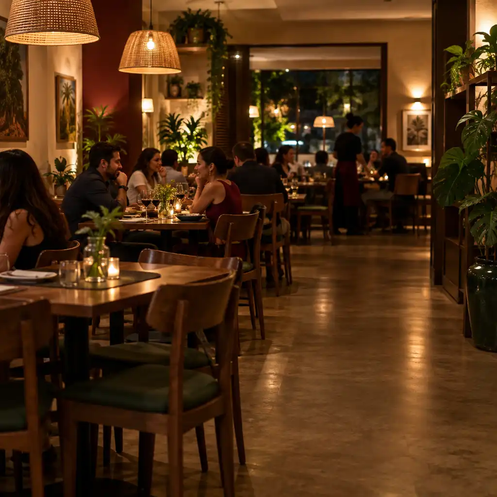 Sala de jantar de restaurante com mesas de madeira, luminárias quentes e adultos conversando ao fundo
