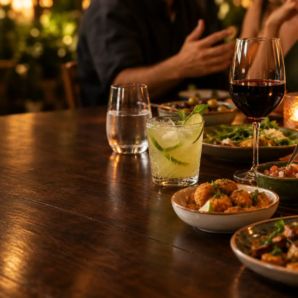 Bebidas, água e pequenos pratos compartilhados sobre uma mesa de madeira em restaurante