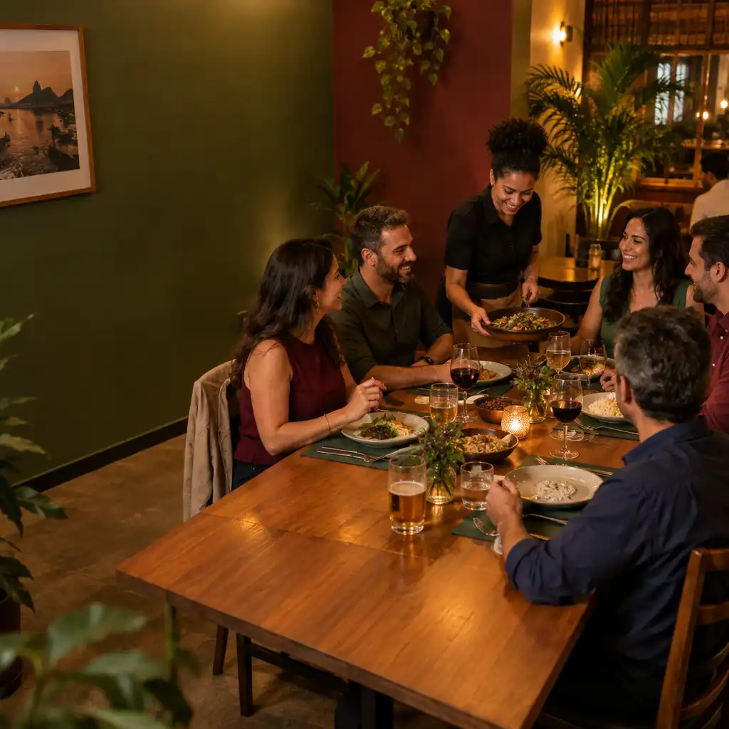 Grupo de adultos reunido em jantar noturno em uma mesa de restaurante