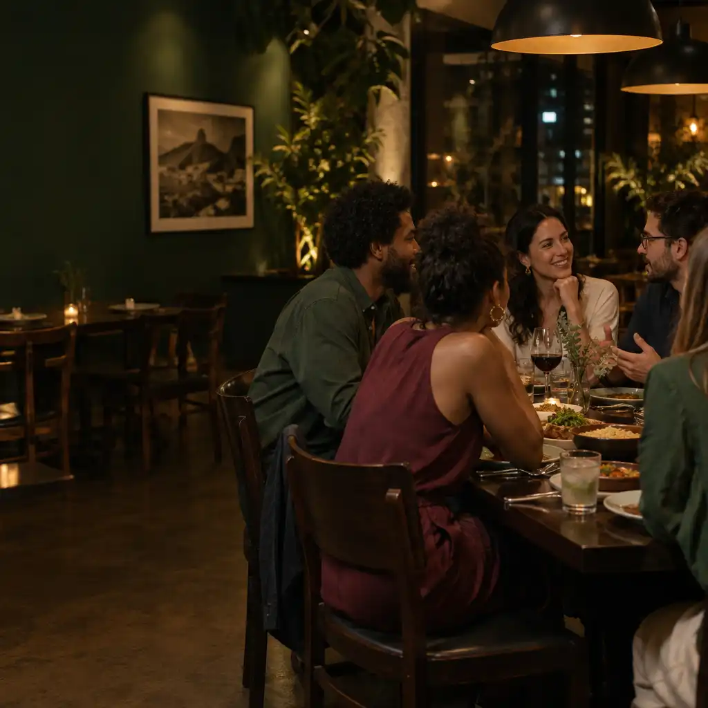 Grupo de adultos reunido em uma mesa de jantar em restaurante brasileiro à noite