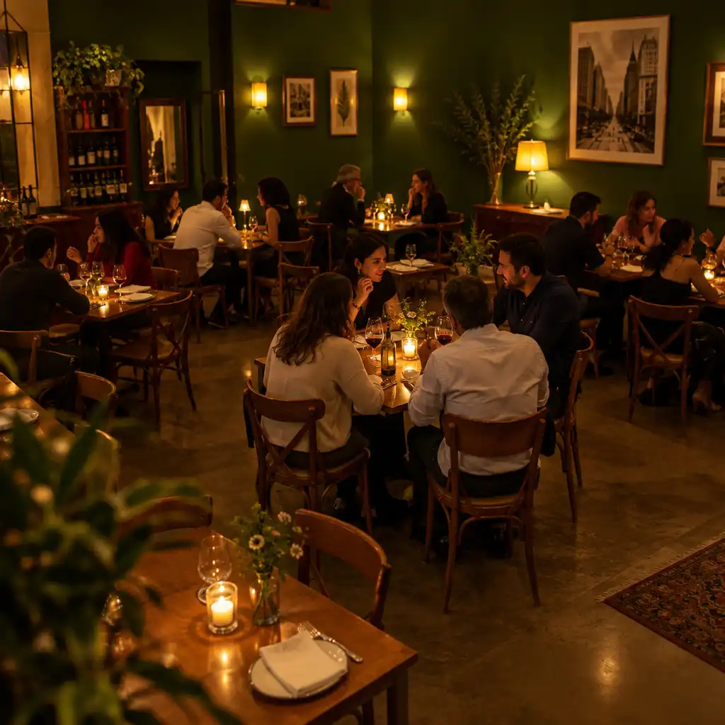 Salão de restaurante brasileiro à noite com adultos conversando em mesas de madeira