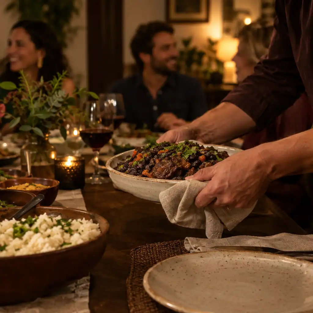 Mãos adultas servindo prato em mesa de restaurante com louça artesanal