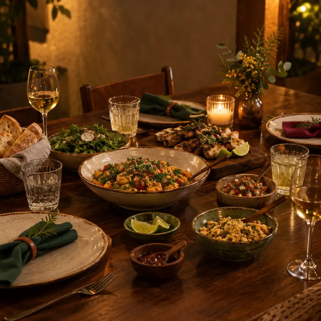 Mesa preparada com louça, copos e guardanapos de tecido sobre madeira escura.