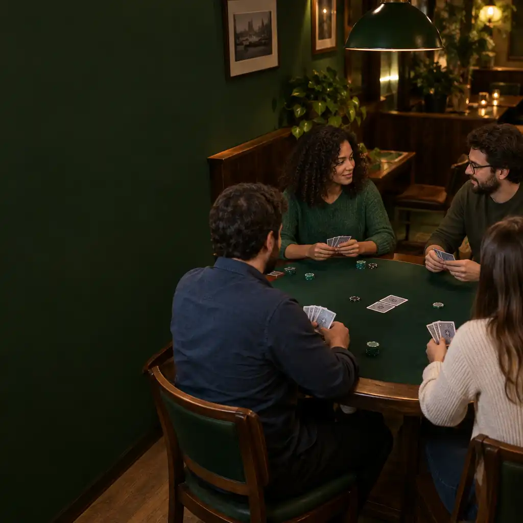 Quatro adultos em uma mesa de poker presencial, conversando sob luz quente com cartas e poucas fichas discretas.