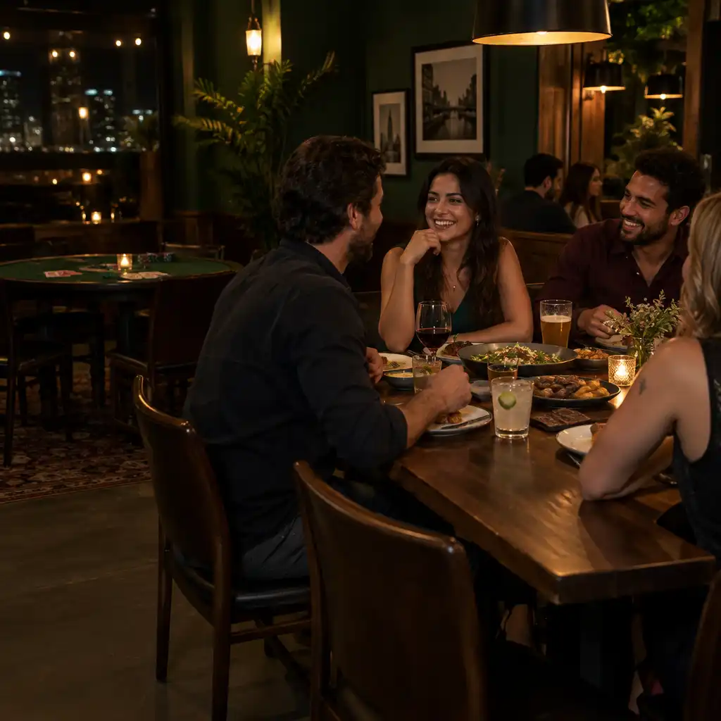 Adultos conversando à mesa em um restaurante brasileiro à noite, com pratos compartilhados