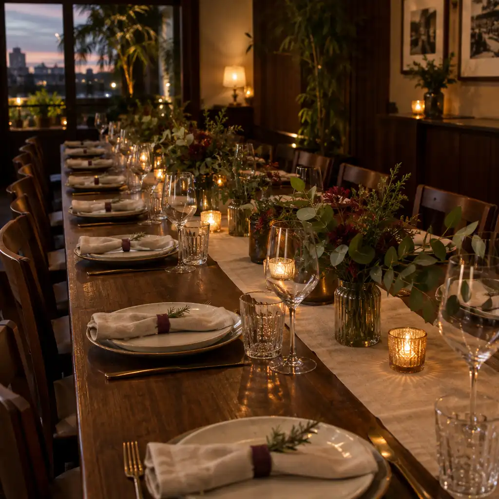 Mesa longa preparada com louças e luzes quentes para um encontro especial em restaurante