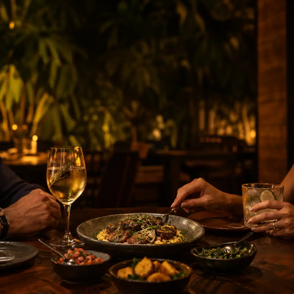 Prato servido, bebida e mãos adultas sobre uma mesa de madeira em restaurante