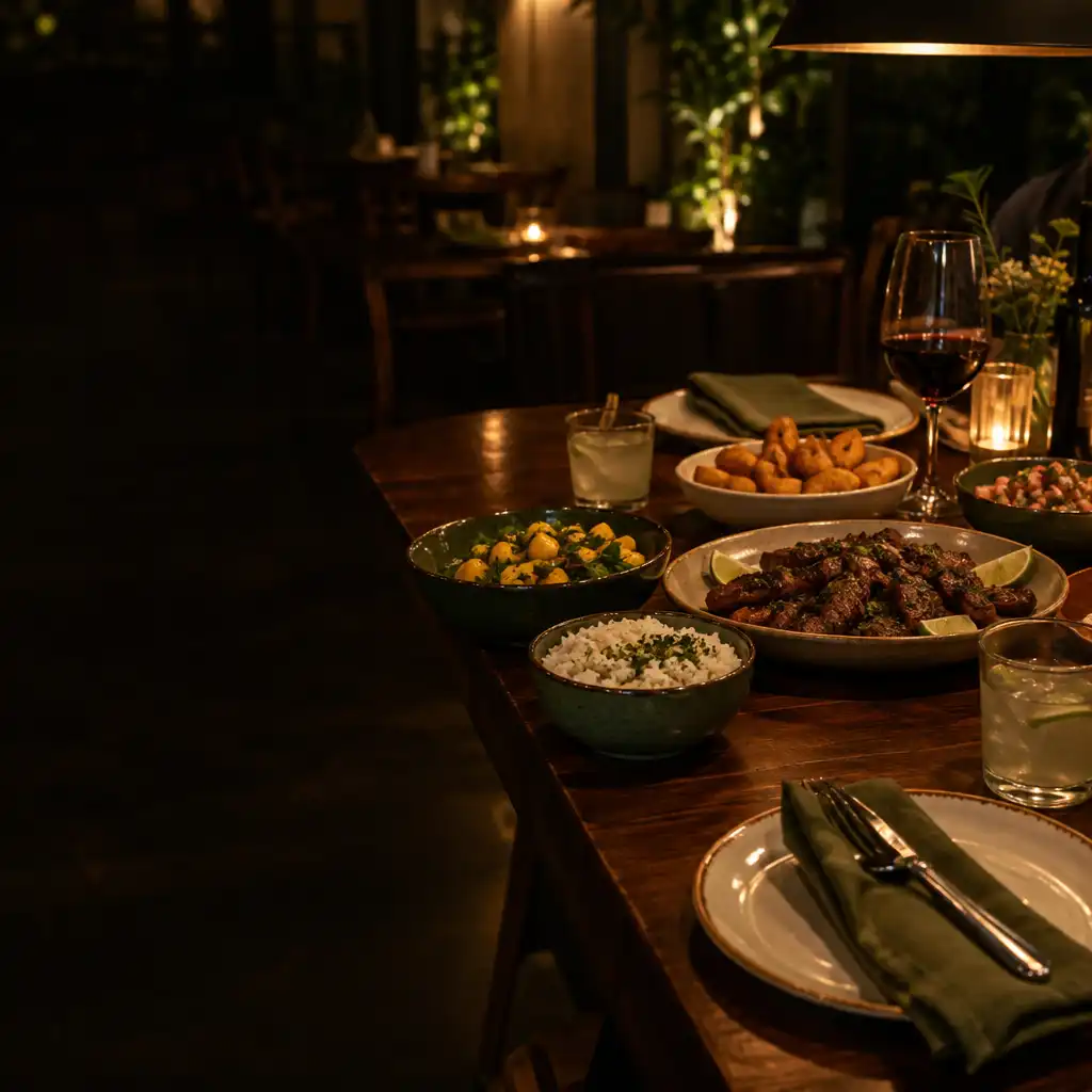 Mesa de restaurante com pratos compartilhados, copos e luz quente em uma noite acolhedora