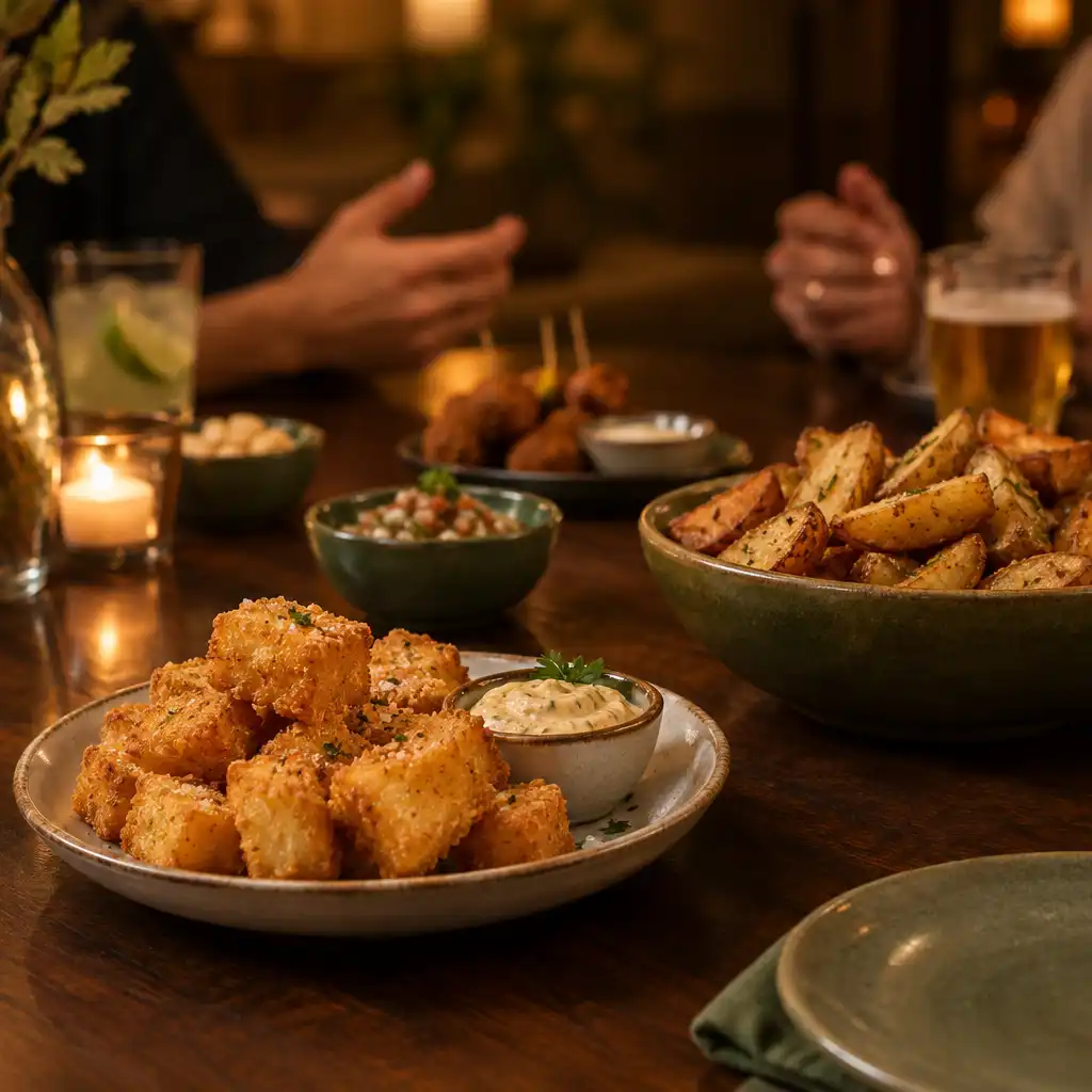 Dadinhos de tapioca e batatas rústicas em uma mesa de madeira para compartilhar