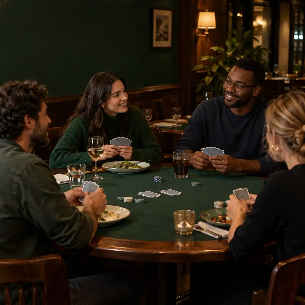 Quatro adultos conversando em uma mesa de poker integrada ao ambiente de restaurante