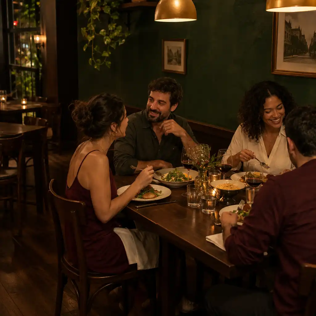Amigos adultos conversando e compartilhando uma refeição em mesa de restaurante à noite