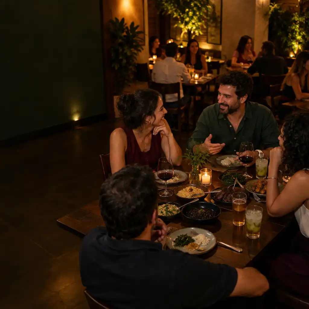 Adultos conversando em uma mesa com pratos compartilhados em restaurante brasileiro iluminado à noite