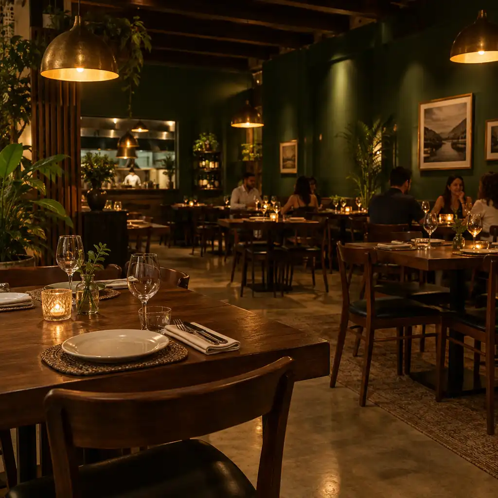 Salão de restaurante à noite com mesas de madeira, luz quente e adultos conversando ao fundo