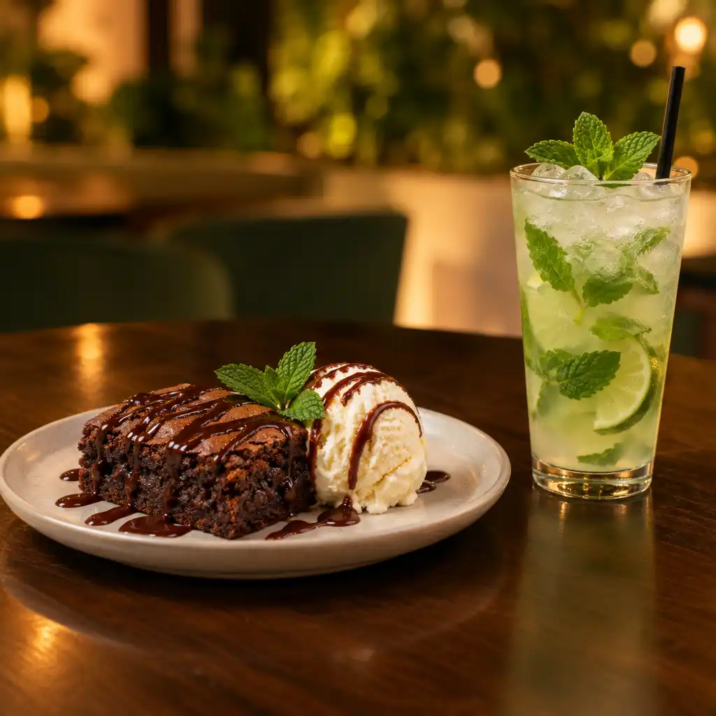 Brownie com sorvete de creme e bebida de limão com hortelã sobre mesa de restaurante